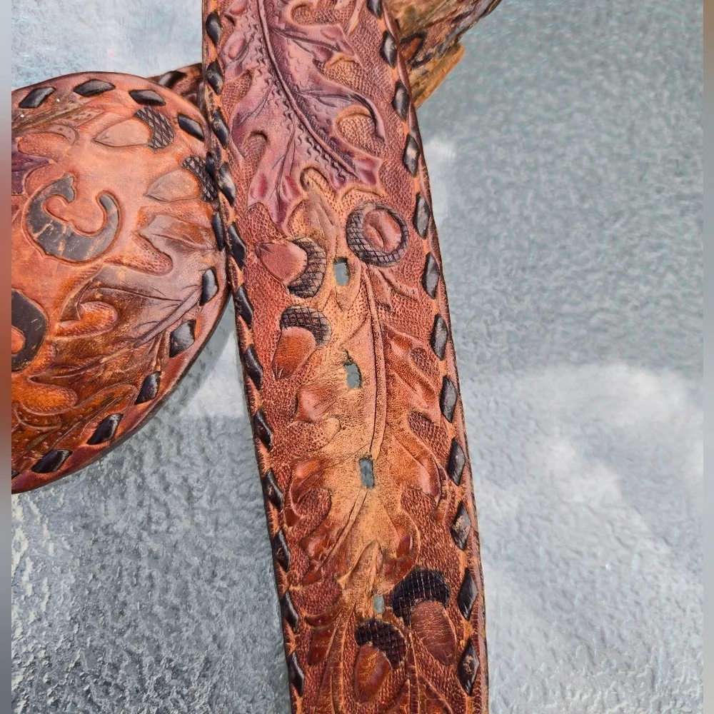 Vtg 70's Brown Hand Carved TOOLED Leather 42